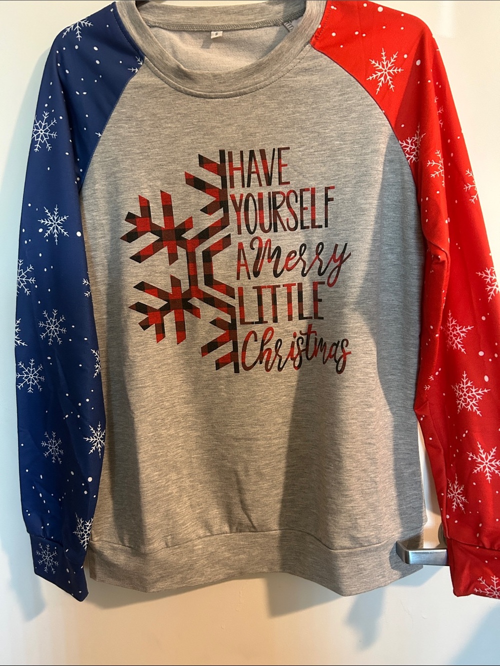Have Yourself A Merry Little Christmas Sweatshirt - Grey with Blue & Red Sleeves